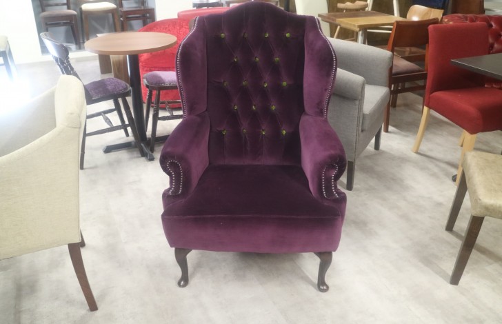 Bespoke Velvet Armchair - Scroll Wing Chair - Aubergine