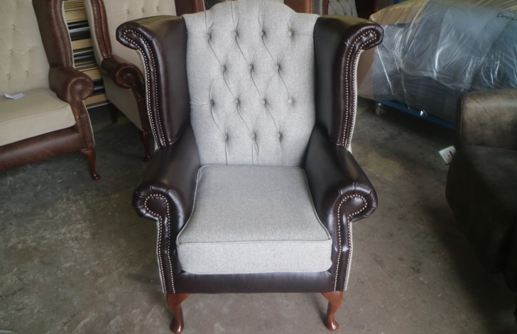 Luxury Scroll Wing Chair - Chair - Fabric MOON DEEPDALE MUSHROOM & Leather DARK BROWN TRUFFLE