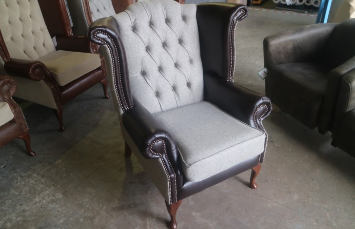 Luxury Scroll Wing Chair - Chair - Fabric MOON DEEPDALE MUSHROOM & Leather DARK BROWN TRUFFLE