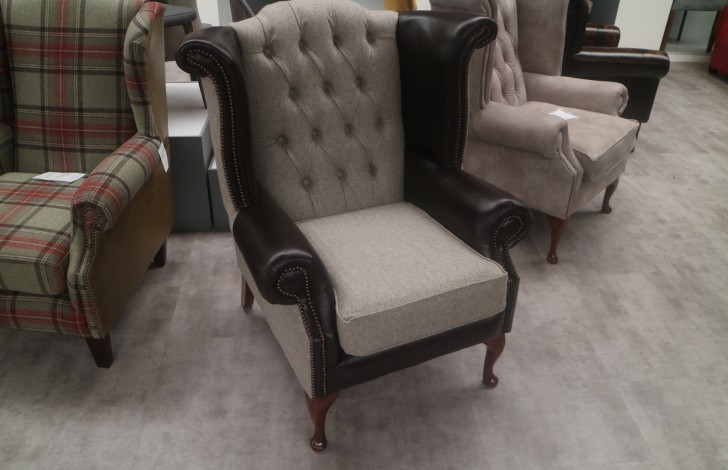 Luxury Scroll Wing Chair - Chair - Fabric MOON DEEPDALE MUSHROOM & Leather SPICE VINTAGE