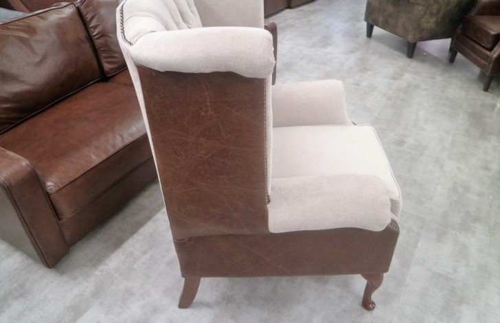 Luxury Scroll Wing Chair - A - Fabric BEIGE SUEDE & Leather VINTAGE MAHOGANY