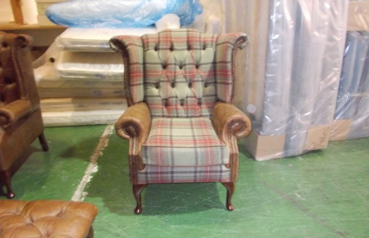 Scroll Wing Chair Chesterfield Leather Armchair - vintage cognac + wool mix