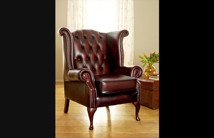 Scroll Wing Chair Chesterfield Leather Armchair - vintage cognac + wool mix