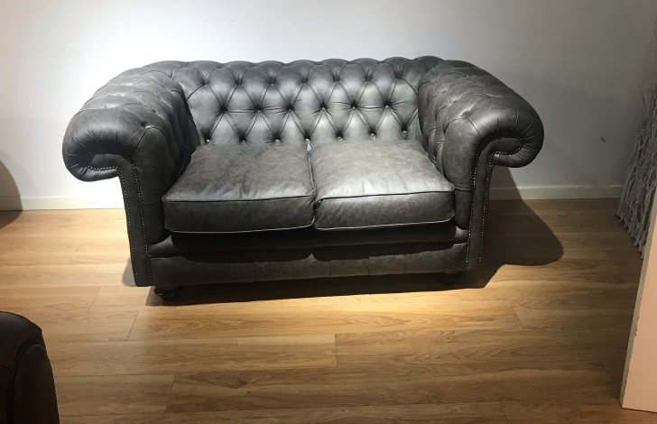 Paxton Black Leather Chesterfield - 2 Seater - Pewter