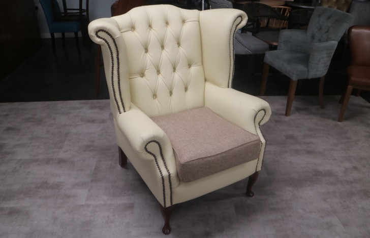 Scroll Wing Chair Chesterfield Leather Armchair - Bespoke Leather/Fabric mix