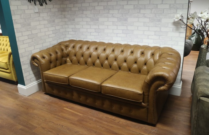 Gladbury Traditional Leather Sofa - 3 Seater - Fudge