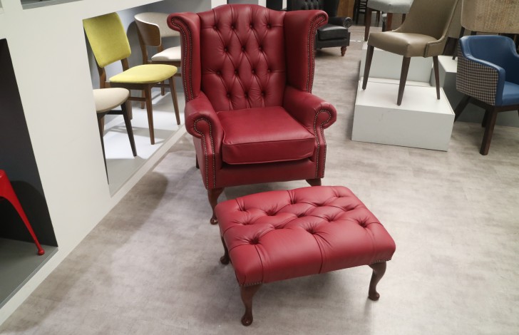 Scroll Wing Chair Chesterfield Leather Armchair + Queen Anne Stool - Vele