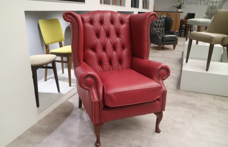 Scroll Wing Chair Chesterfield Leather Armchair + Queen Anne Stool - Vele