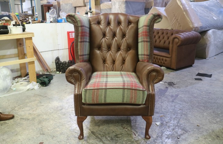 Scroll Wing Chair Chesterfield Leather Armchair - Scroll Wing Chair - Leather Fabric Mix