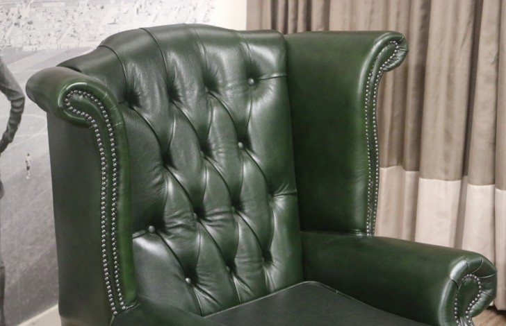 Scroll Wing Chair Chesterfield Leather Armchair - Scroll Wing Chair - Leather/Fabric mix green