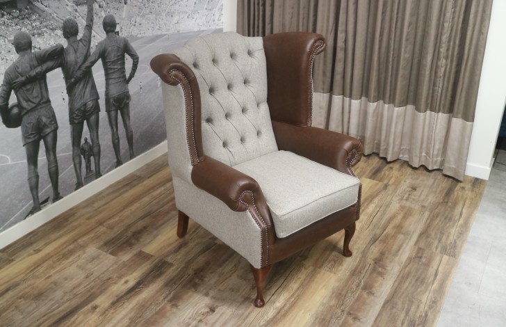 Scroll Wing Chair Chesterfield Leather Armchair - Leather fabric mix grey brown