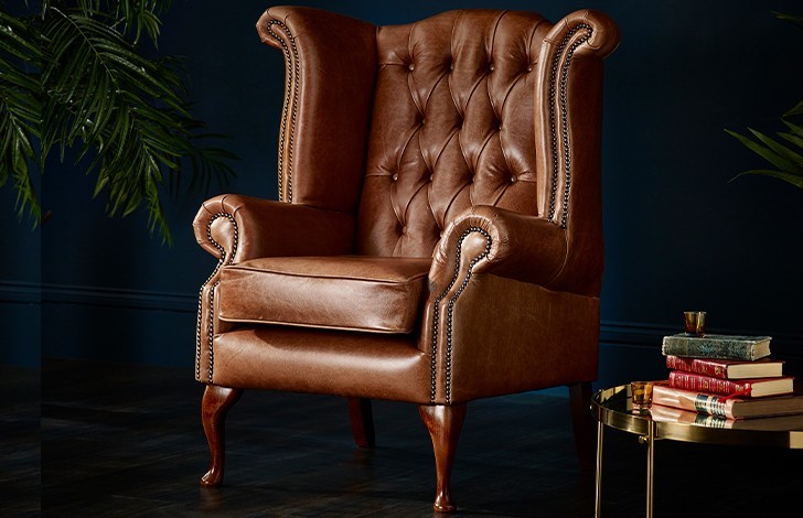 Scroll Wing Leather Armchair + Queen Anne Stool - Tribe Light Timber