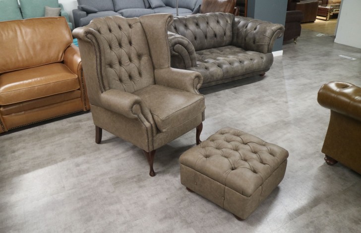 Scroll Leather Wing Chair + Gladbury Stool - Apache Ash