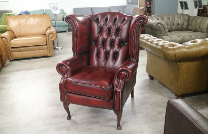 Scroll Wing Chair Chesterfield Leather Armchair - Antique Red
