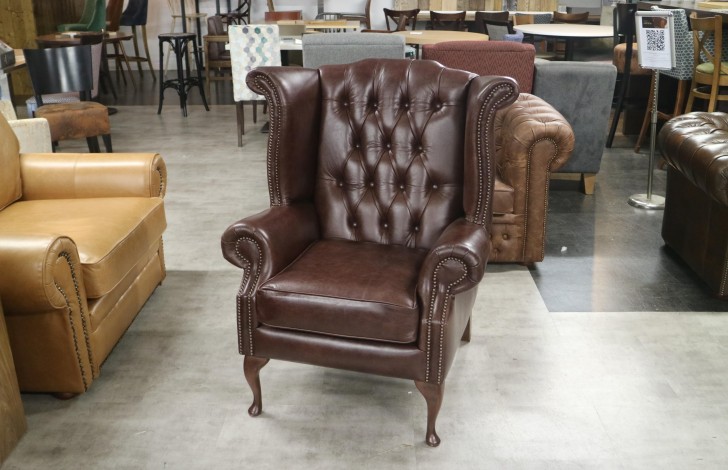 Scroll Leather Wing Chair + St Edmund Stool - Old English Dark Brown