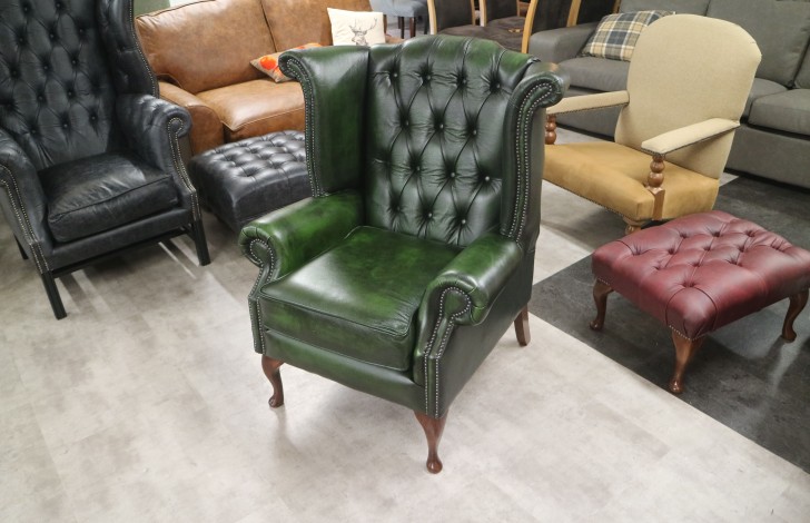 Scroll Wing Chair Chesterfield Leather Armchair - Antique Green