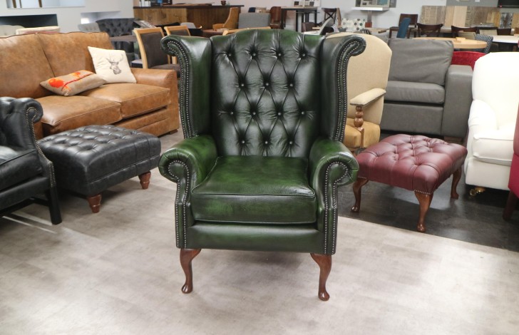Scroll Wing Chair Chesterfield Leather Armchair - Antique Green