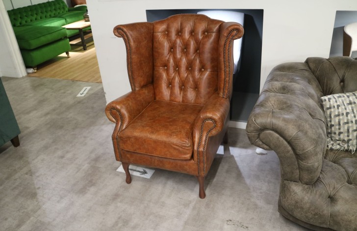 Scroll Wing Chair Chesterfield Leather Armchair - Vintage Tan