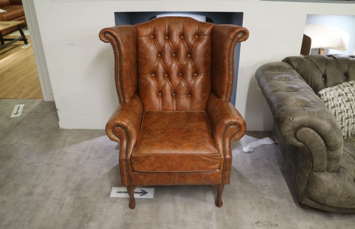 Scroll Wing Chair Chesterfield Leather Armchair - Vintage Tan