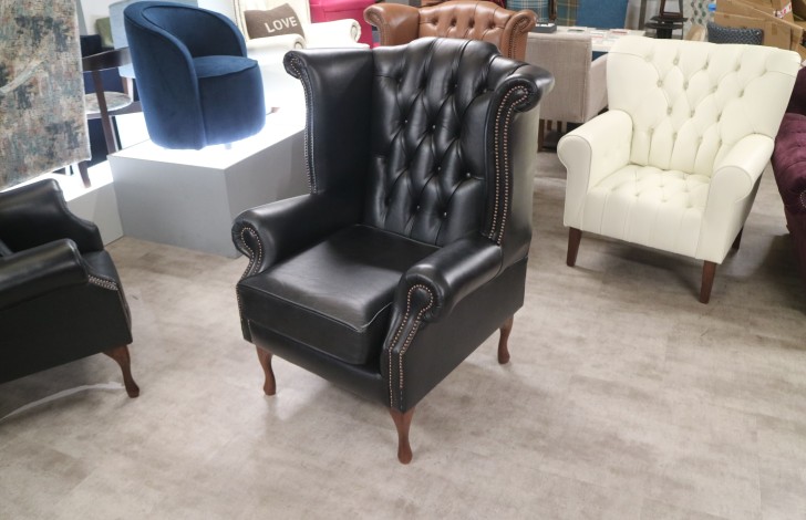 Scroll Wing Chair Chesterfield Leather Armchair - Old English Black