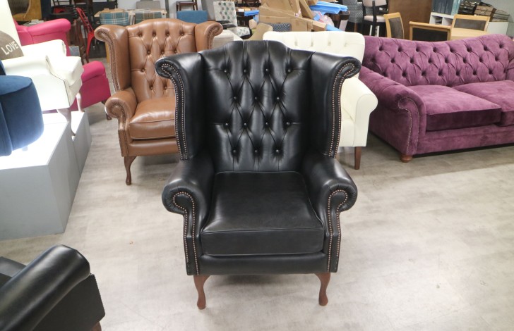 Scroll Wing Chair Chesterfield Leather Armchair - Old English Black
