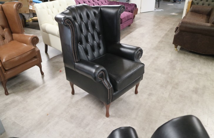 Scroll Wing Chair Chesterfield Leather Armchair - Old English Black