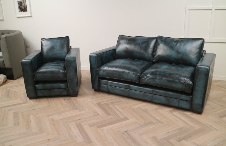 Shaftesbury leather sofa suite - 3 Seater + Chair - Antique Blue