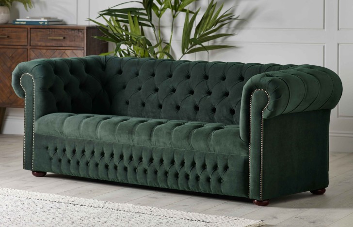 Ludlow Compact Fabric Chesterfield Sofa - 3 Seater - Plush Hunter