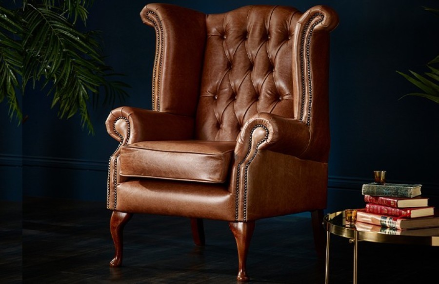 Scroll Wing Chair Chesterfield Leather Armchair - Apache Rouge