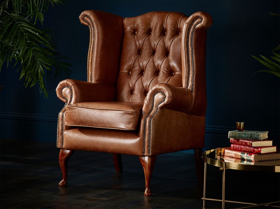 Scroll Wing Chair Chesterfield Leather Armchair  - Old English Tan