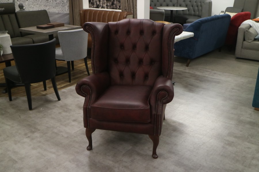 Scroll Wing Chair Chesterfield Leather Armchair - Apache Rouge