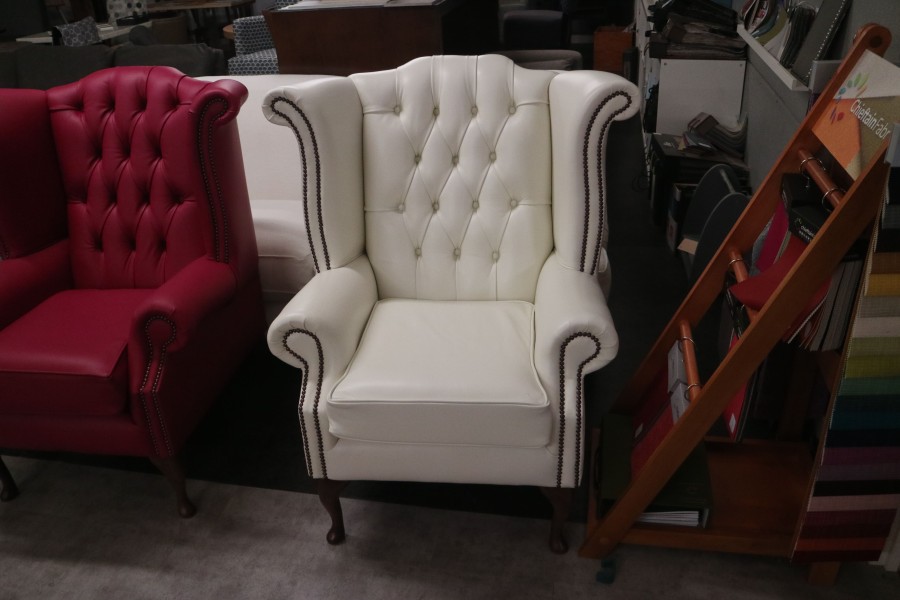 Scroll Wing Chair Chesterfield Leather Armchair - Winchester White