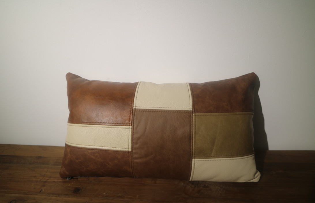 Patchwork Leather Cushion, Brown Leather Bolster Cushions