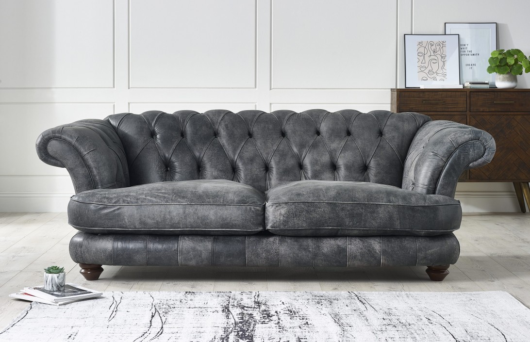 Grey leather deals chesterfield chair