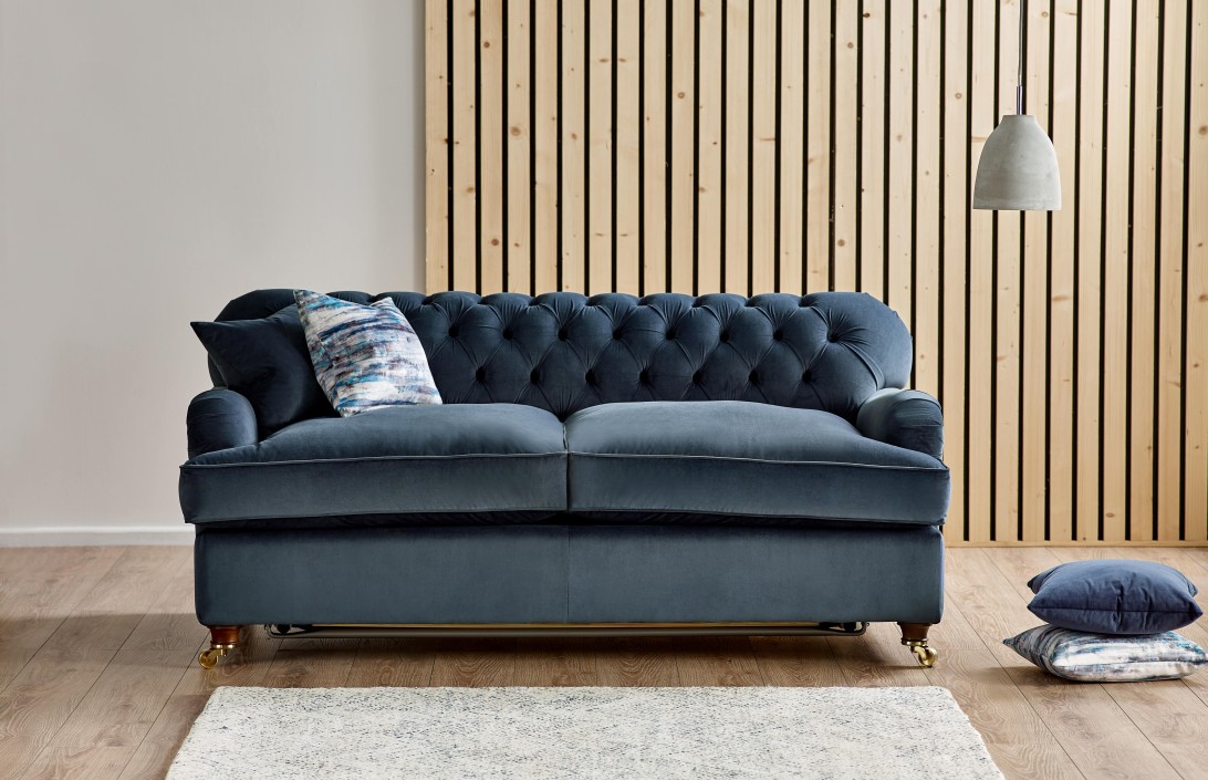 Blue velvet chesterfield couch sale